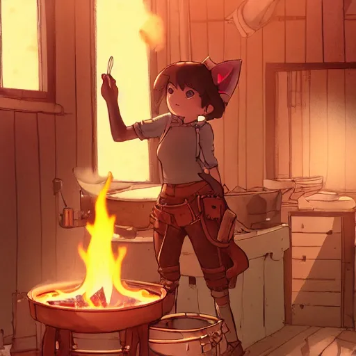 Image similar to a full body portrait of the short and fiery blacksmith Kitty with a beard at her forge, blacksmith's outfit, inside building, makoto shinkai, james gilleard, very detailed, matte, gaussian blur, tone mapped, Akihiko Yoshida.
