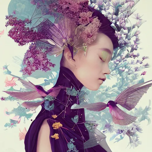 Image similar to 3 / 4 view of a beautiful girl wearing an origami dress, eye - level medium shot, fine floral ornaments in cloth and hair, hummingbirds, elegant, by eiko ishioka, givenchy, by peter mohrbacher, centered, fresh colors, origami, fashion, detailed illustration, vogue, japanese, reallusion character creator