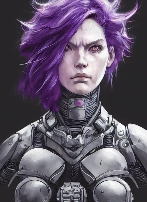 Image similar to close up portrait of a pale woman in sci - fi power armor with purple hair, powerful, domineering, stoic, masterful, eyepatch, intense, ultrafine hyperdetailed illustration by kim jung gi, irakli nadar, intricate linework, sharp focus, octopath traveler, yoji shinkawa, highly rendered, detailed, concept art