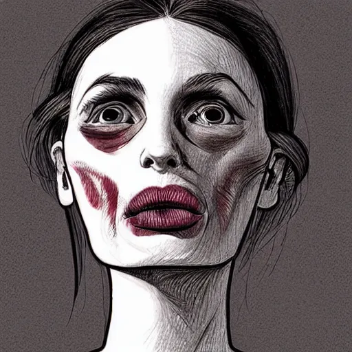 Prompt: A beautiful drawing. She could have been bred from a shark and a hatchet. Black eyes, sharp features, lips so thin they might as well not have existed. by William S. Burroughs, by Chip Zdarsky insane