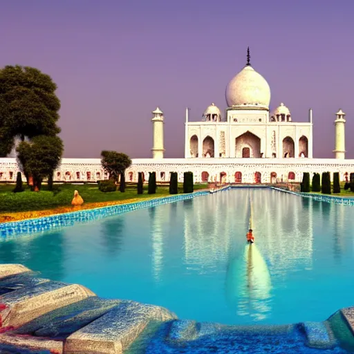 Image similar to a large white indian temple with a long pool of water in front of it, a detailed matte painting by sardar sobha singh, shutterstock contest winner, cloisonnism, creative commons attribution, photo taken with ektachrome, global illumination