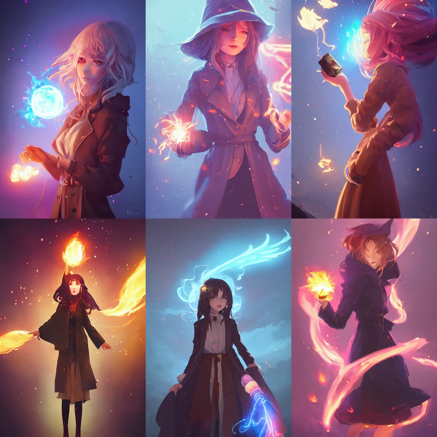 Prompt: a portrait of a cute female wizard wearing a flowing very stylish trenchcoat, holding a glowing fireball in her hand, fireball lighting her face from below, embers flying in the air, urban fantasy setting, vivid colors, warm lighting, atmospheric, cinematic, moody, in the style of Ilya Kuvshinov and Range Murata, Krenz Cushart, rule of thirds, oil on canvas, 8k