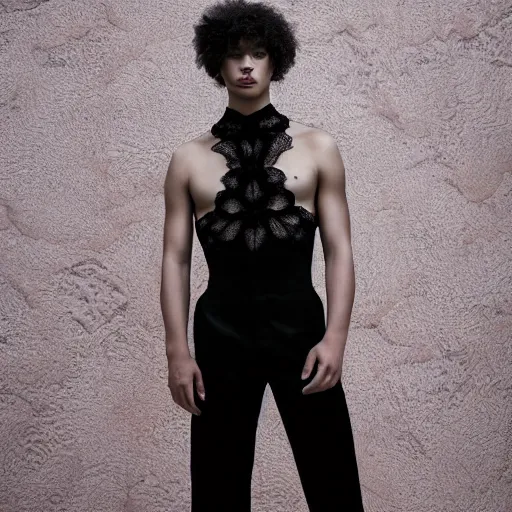 Image similar to a portrait of a beautiful young male wearing an alexander mcqueen bodysuit made of ombre lace , photographed by andrew thomas huang, artistic
