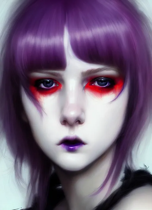 Image similar to portrait of white teenage girl, normal face, white bangs, mall goth, cyberlox, black and white hair, bangs, fluffy bangs, red contact lenses, purple lipstick, intricate, elegant, highly detailed, digital painting, artstation, concept art, sharp focus, smooth, illustration, art by wlop, mars ravelo and greg rutkowski