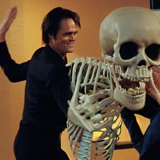 Image similar to jim carrey dancing with a skeleton