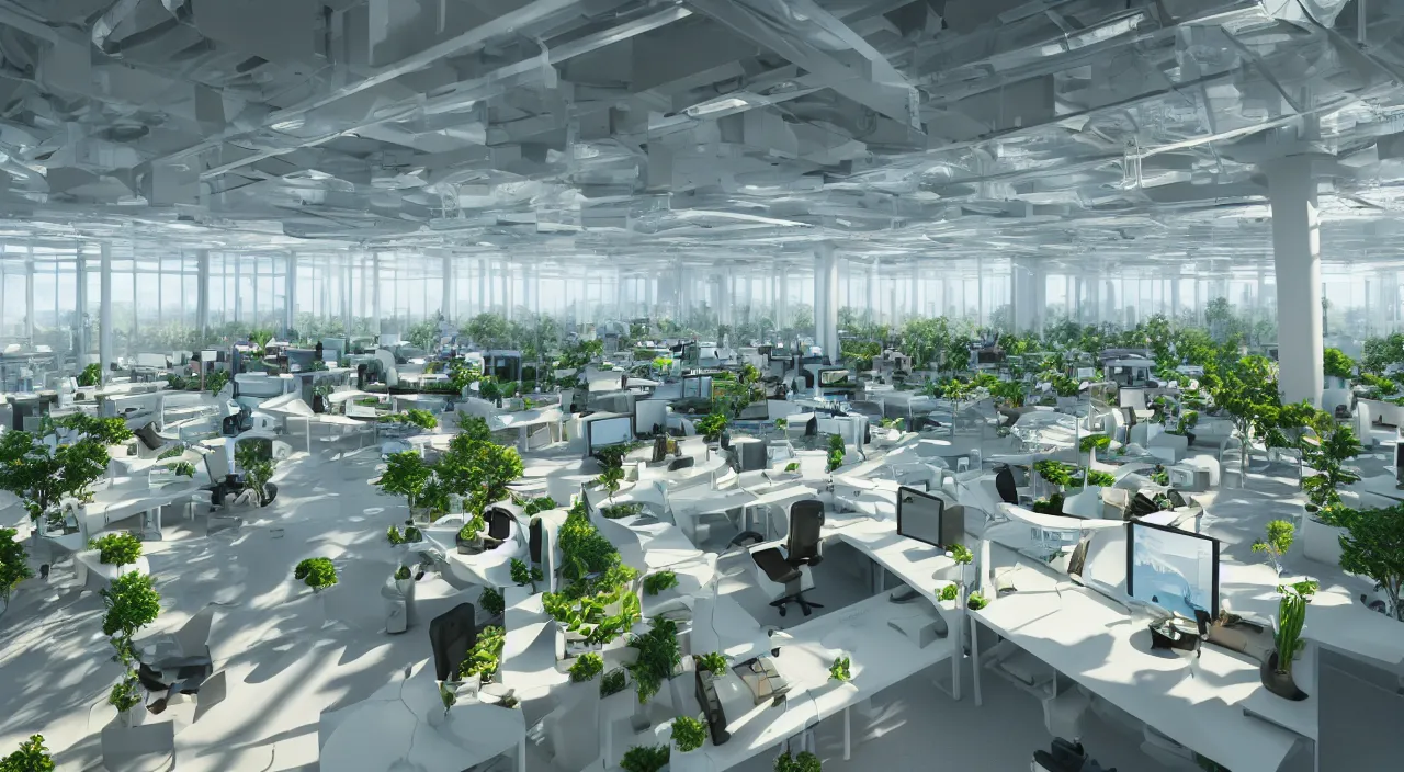 Image similar to futuristic open office with parks and plants, glowing computer screens, made with glossy white plastic and large windows and voluminous light and light rays, extremely intricate, very detailed, artstation, octane render, warm color highlights, cinematic lighting