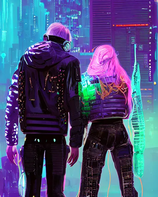 Image similar to detailed portrait neon guard girl with long blond hair and her boy friend very short brown hair, seen from the back, cyberpunk futuristic, reflective puffer jacket, black leggings, made of iridescent metals and shiny purple gems by ismail inceoglu dragan bibin hans thoma, perfect face, fine details, realistic shaded, fine - face, pretty face