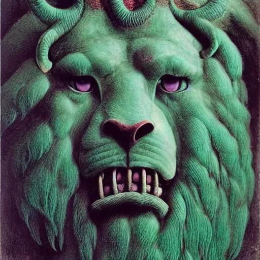 Image similar to a creature with the body and eyes of a man, with the beak of an eagle, the mane of a lion, and the horns of an ox. drawn by zdzislaw beksinski, green, pink, blue