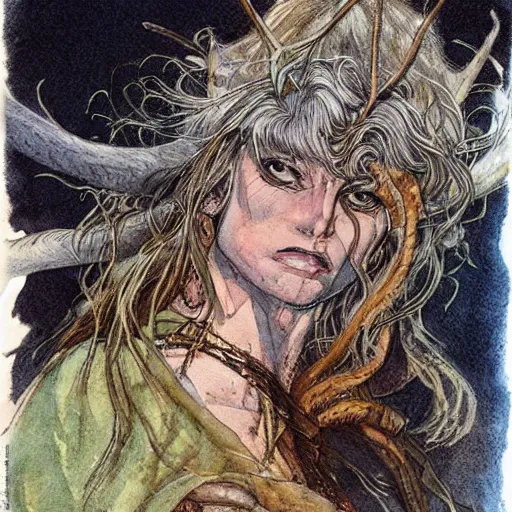 Image similar to a realistic and atmospheric watercolour fantasy character concept art portrait of brigitte bardot as a druidic warrior wizard looking at the camera with an intelligent gaze by rebecca guay, michael kaluta, charles vess and jean moebius giraud