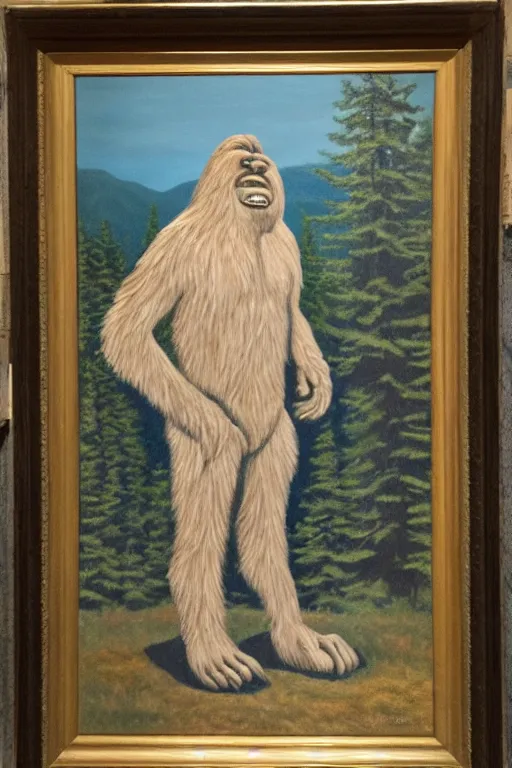 Image similar to an oil painting of Bigfoot in the style of a presidential portrait, national portrait gallery