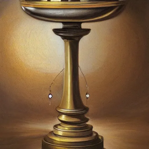 Image similar to in the center lays an ancient chromed artifact in the shape of a heavy ring seen from across the room, ornate with gentle shine from within. the ring lays on display on top of a marbled pedestal. the pedestal is in front of a dark misty balcony at night. beautiful lighting. dark moody fantasy art, realistic still life renaissance pastel painting.
