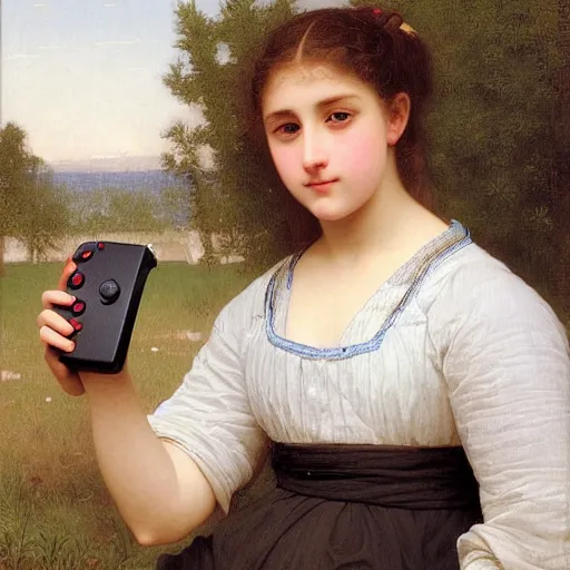 Prompt: teenage girl playing on her nintendo switch, painting by adolphe bouguereau, hyper detailed,