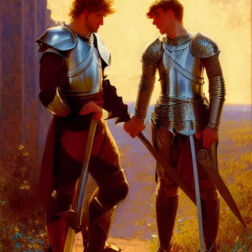 Image similar to arthur confesses his love for lancelot! dream attractive arthur pendragon and his attractive male knight, they are in love, natural lighting, path traced, highly detailed, high quality, digital painting, by gaston bussiere, craig mullins, alphonse mucha j. c. leyendecker