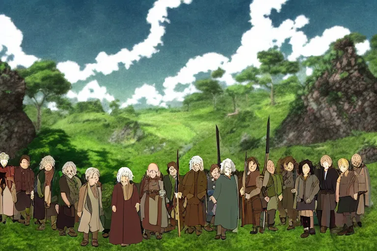 Image similar to tonemapped the fellowship of the ring!! by studio ghibli,