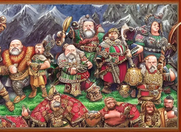 Image similar to jewel encrusted dwarven mural depicting a family history of mountain dwarves. a large ruby is the focal point of the mural