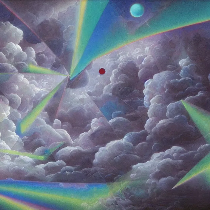 Image similar to temple of sleep non-Euclidean geometry sleepwalker mythos dream clouds and lambent fog, award winning oil painting, polychromatic spectrum