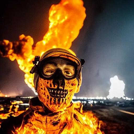 Image similar to , funny and frightened ukrainian burned to bones bleeding in dirty yellow and blue rags on the background of a huge nuclear explosion selfie 2 0 2 2