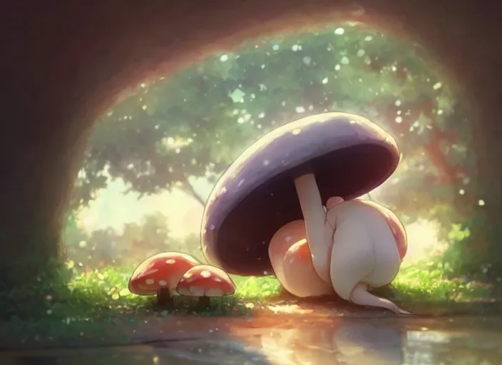 Prompt: a beautiful cute thicc mushroom creature sitting in a jar, by makoto shinkai an krenz cushart