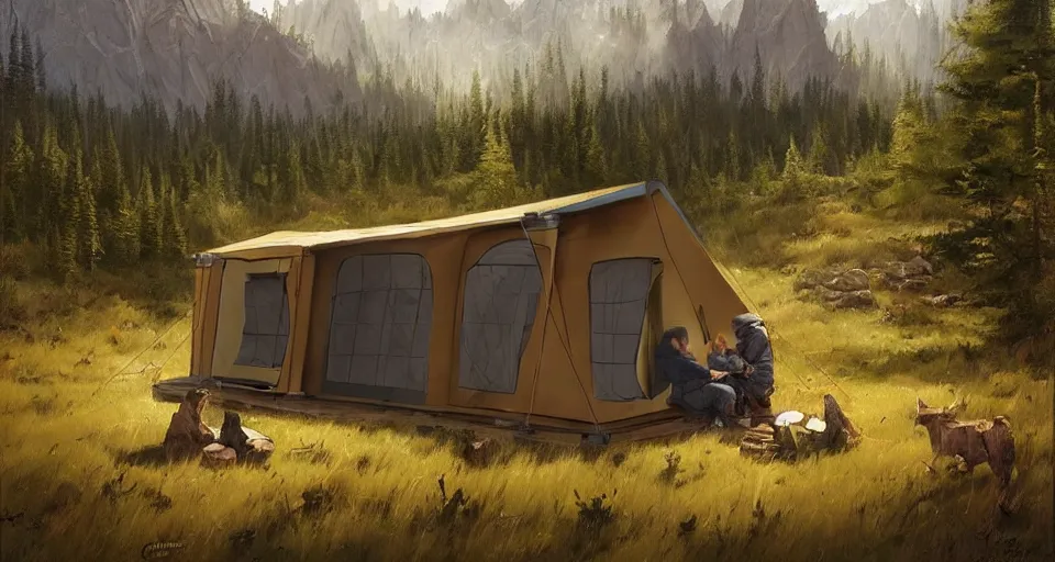 Image similar to cabela's beautiful comfortable carbon framed, modular insulated wall portable container home kit - house all weather family dwelling tent house, person in foreground, mountainous forested wilderness open fields, beautiful views, painterly concept art, environmental concept art, concept art illustration, by james gurney, by craig mullins, by greg rutkowski trending on artstation