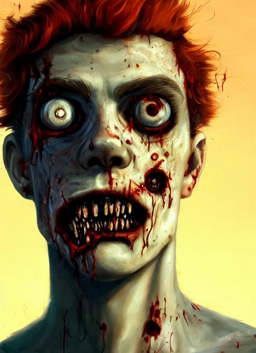 Image similar to portrait of zombie teenage archie andrews, red hair, curly hair, curly middle part, freckles, photorealistic, zombie, rotting skin, blind eyes, white eyes, zombie, intricate, elegant, orange, glowing lights, highly detailed, digital painting, artstation, concept art, sharp focus, illustration, art by wlop, mars ravelo and greg rutkowski