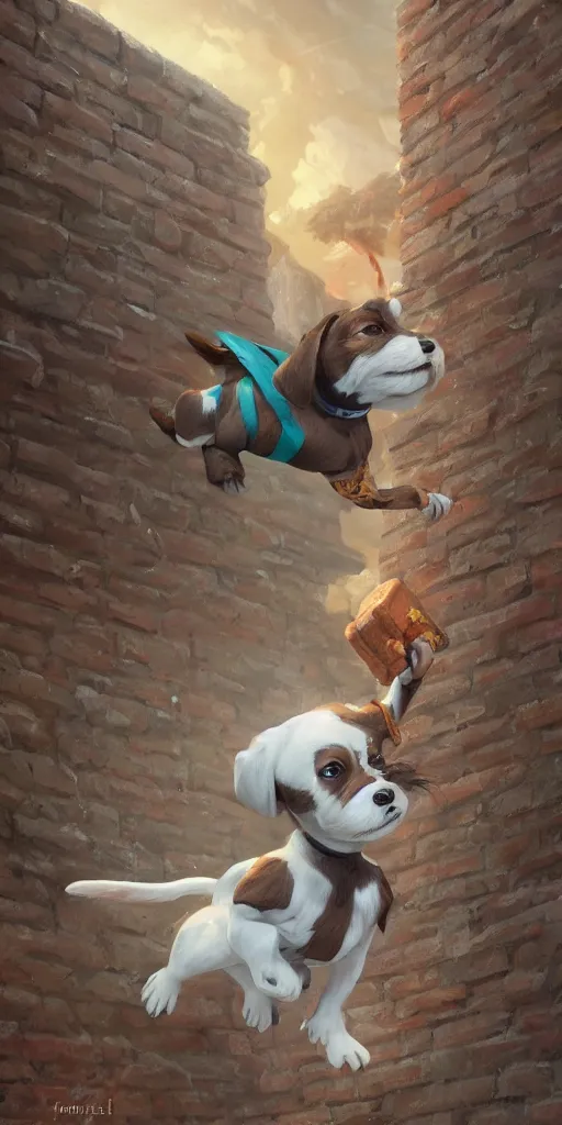 Prompt: adorable jack russel terrier flying above a brick wall, fantasy art, artstation character design contest winner, trending on cgsociety, concept art, speedpaint, beautiful digital art, jesper ejsing, james jean, justin gerard, fenghua zhong, makoto shinkai, highly detailed