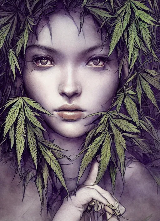 Image similar to Beautiful Female creature made of pot leaves, marijuana, watercolor, dramatic lighting, cinematic, establishing shot, extremely high detail, foto realistic, cinematic lighting, pen and ink, intricate line drawings, by Yoshitaka Amano, Ruan Jia, Kentaro Miura, Artgerm, post processed, concept art, artstation,