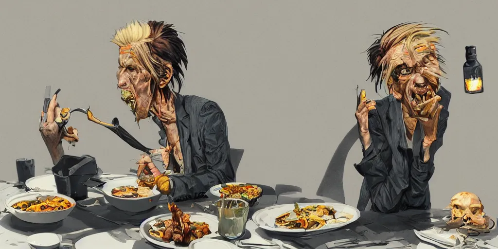 Prompt: cartoonish iggy pop eating dinner with tom waits, vivid colors, character sheet, fine details, concept design, contrast, kim jung gi, greg rutkowski, trending on artstation, 8 k, full body, turnaround, front view, back view, ultra wide angle