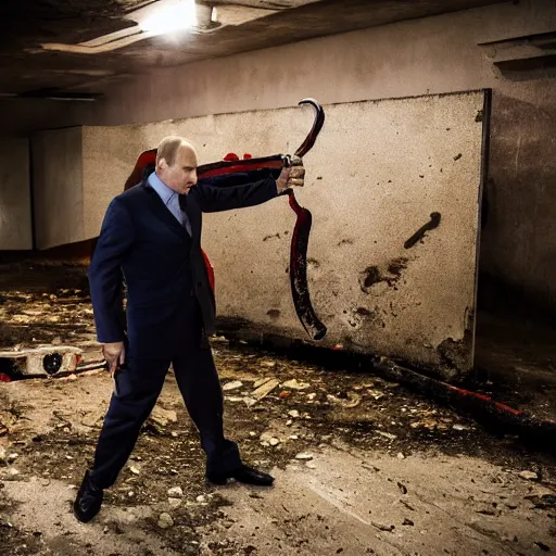 Image similar to putin with a chainsaw and a corpse. in a concrete bunker. focus on putins face with blood splatters. canon eos r 3, f / 1. 4, iso 1 6 0 0, 1 / 8 0 s, 8 k, raw, grainy