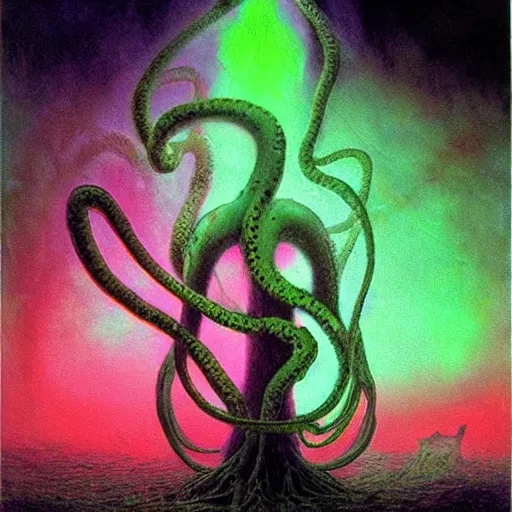 A tall green monster with red eyes and a tentacle