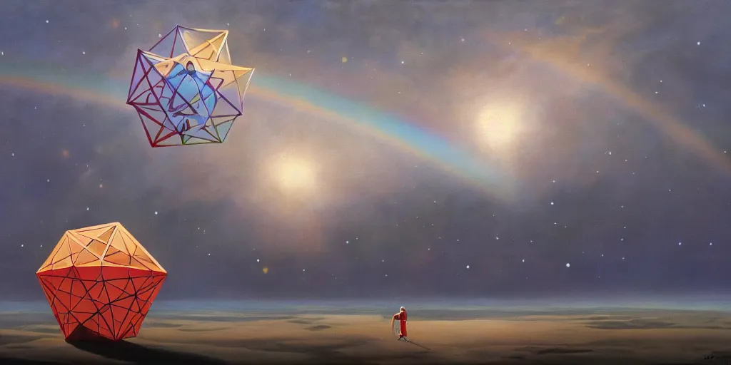 Prompt: a painting by ralph mcquarrie of floating molecules and a giant head icosahedron with stars, clouds, and rainbows in the background, trending on artstation, masterpiece, incredible details