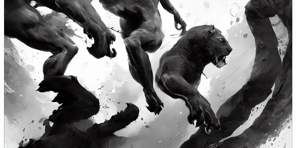 Image similar to highly detailed beautiful black and white photography of panther, splash, sharp focus, dynamic lighting, elegant harmony, beauty, masterpiece, by riccardo federici, by james jean, by craig mullins, by lois van baarle, by makoto shinkai, by greg tocchini, by greg rutkowski, illustration, ink draw, pen,