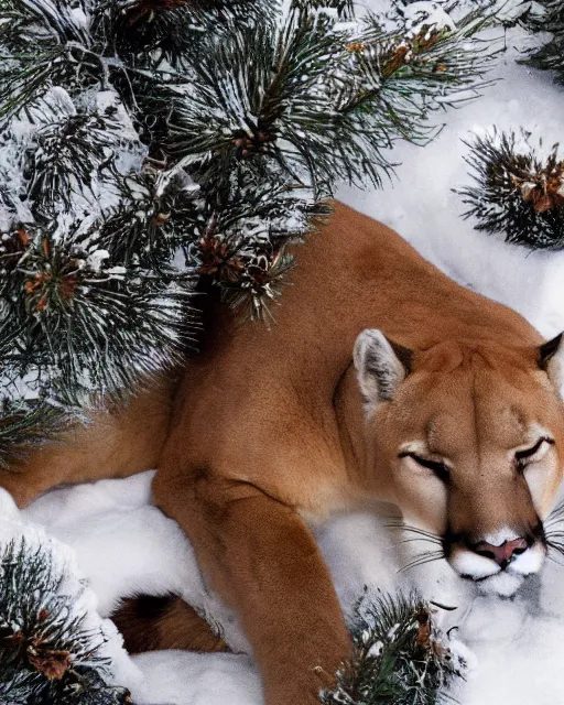 Image similar to magazine showing 'a cougar sleeping in the middle of snowy pine tree' laying on coffee table, zoomed out, HD, iphone screenshot