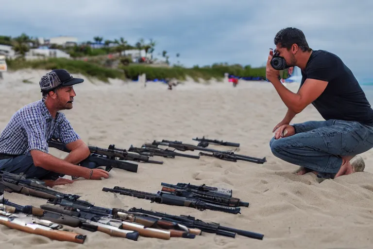 Image similar to photograhy of a guy selling guns in the beach, 4k