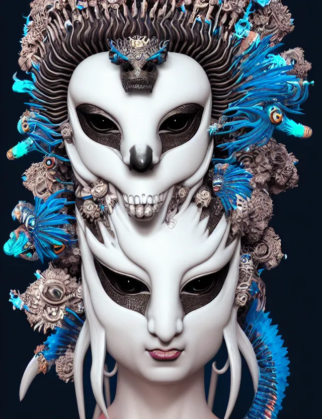 Image similar to 3 d goddess close - up profile portrait punk with mohawk with ram skull. beautiful intricately detailed japanese crow kitsune mask and clasical japanese kimono. betta fish, jellyfish phoenix, bio luminescent, plasma, ice, water, wind, creature, artwork by tooth wu and wlop and beeple and greg rutkowski