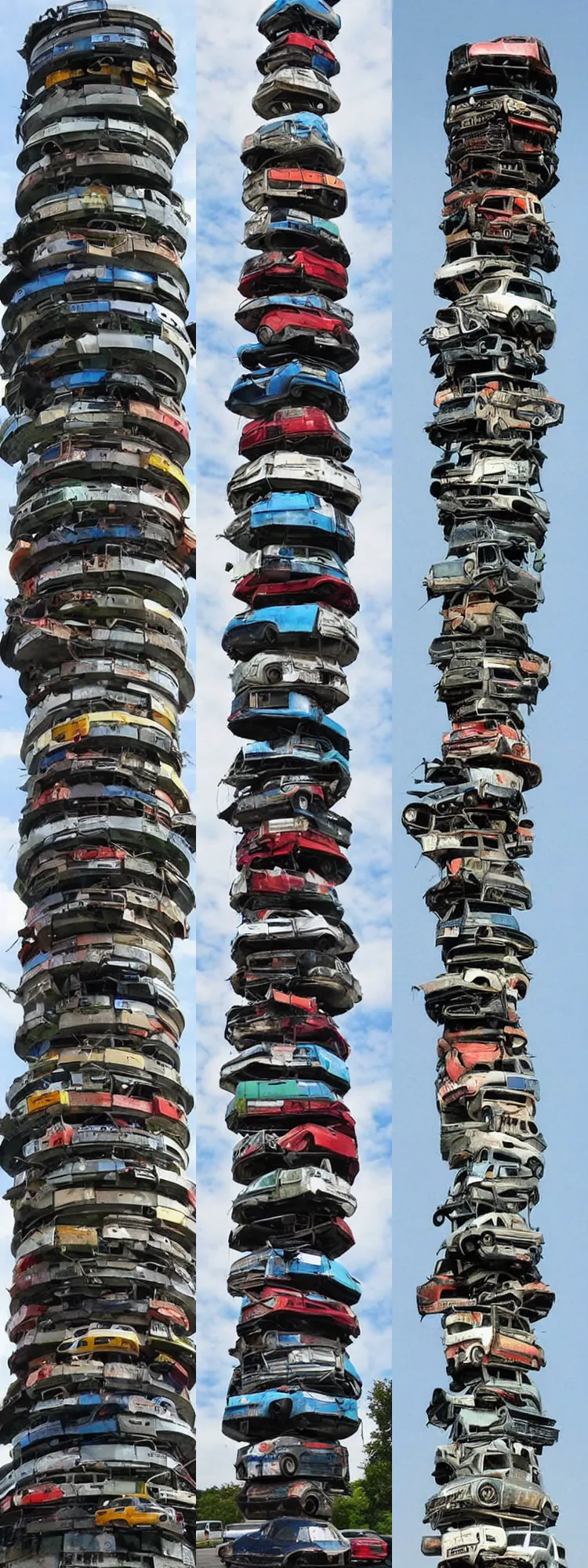 Prompt: a tower made out of scrapped cars