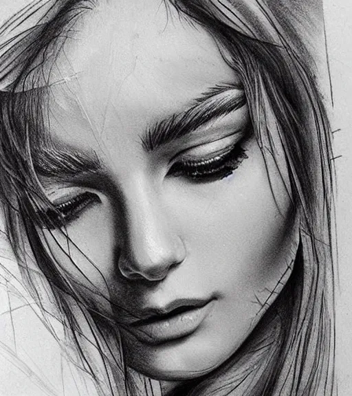 Image similar to tattoo design sketch of an extremely beautiful woman face with a faded background of stunning mountain view on her side, hyper - realistic, in the style of matteo pasqualin, amazing detail, black and white, faded