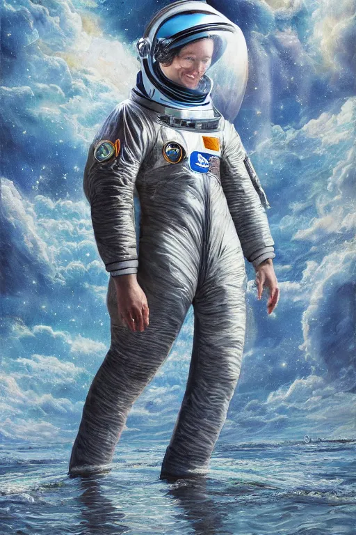 Image similar to dolphin shaped astronaut suit, dolphin, oil on canvas, intricate, portrait, 8 k highly professionally detailed, hdr, cgsociety