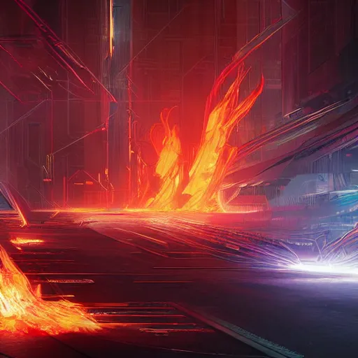 Image similar to raging flames in cyberspace, detailed digital illustration by greg rutkowski, android netrunner