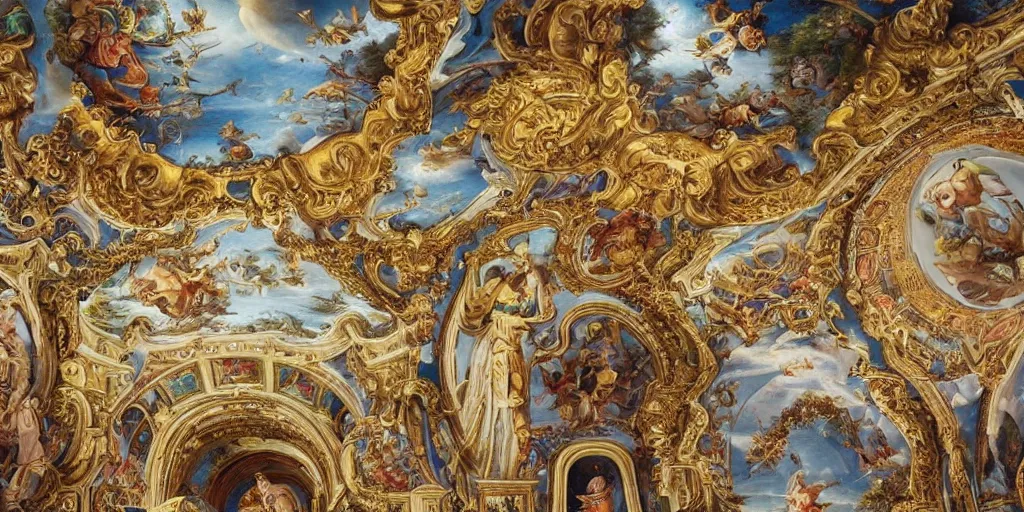 Prompt: beautiful!! ornate heavenly!! marble rococo megastructure in the style of heironymus bosch, colorful intricate masterpiece, hyper detailed, hd