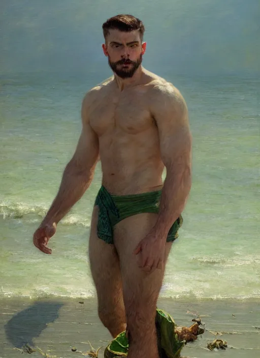 Image similar to detailed cinematic wide shot of muscular attractive young mulatto man beard slim face symmetrical face tanskin green eyes shaved hair wearing sea clothes, ultra realistic, spring light, painting by gaston bussiere, craig mullins, j. c. leyendecker