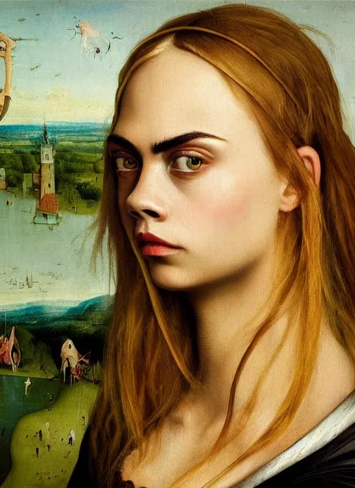 Image similar to cara delevingne as an Hieronymus Bosch painting, detailed digital art, trending on Artstation