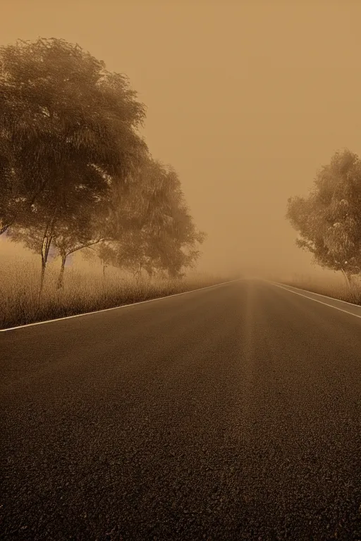 Image similar to sepia photo of a road with no end, dust smog in background, photorealistic, tonemapped