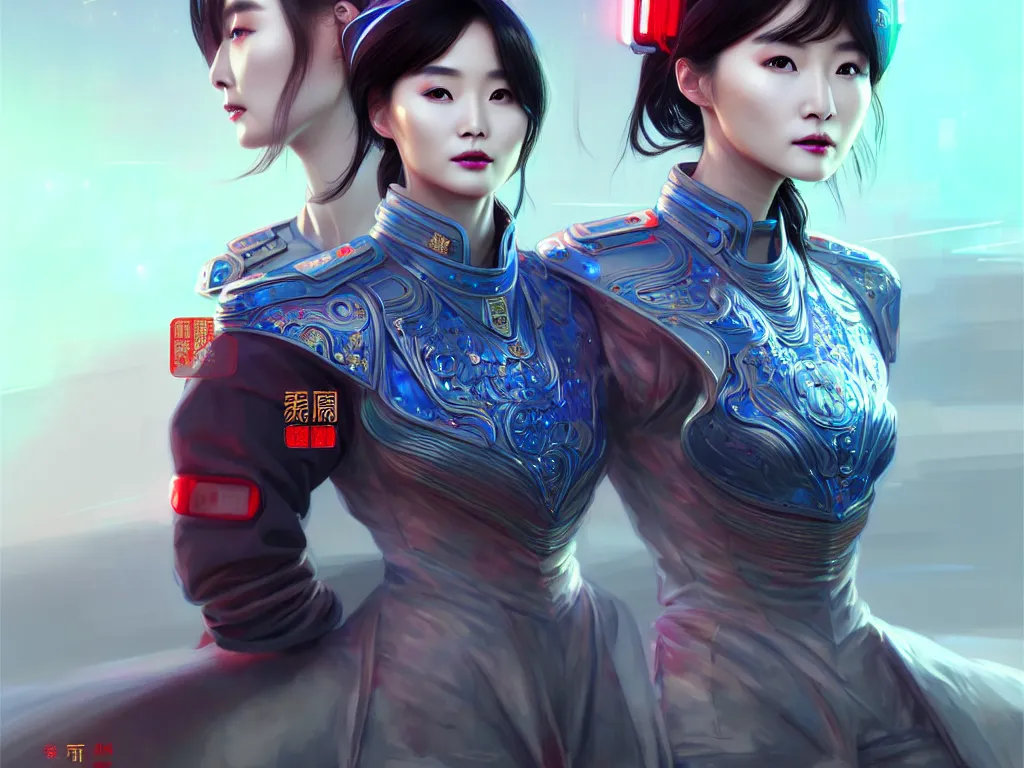 Image similar to portrait yang mi, futuristic china police uniform female, at future neon light rooftop, ssci - fi and fantasy, intricate and very very beautiful and elegant, highly detailed, digital painting, artstation, concept art, smooth and sharp focus, illustration, art by tan zi and ayanamikodon and alphonse mucha and wlop