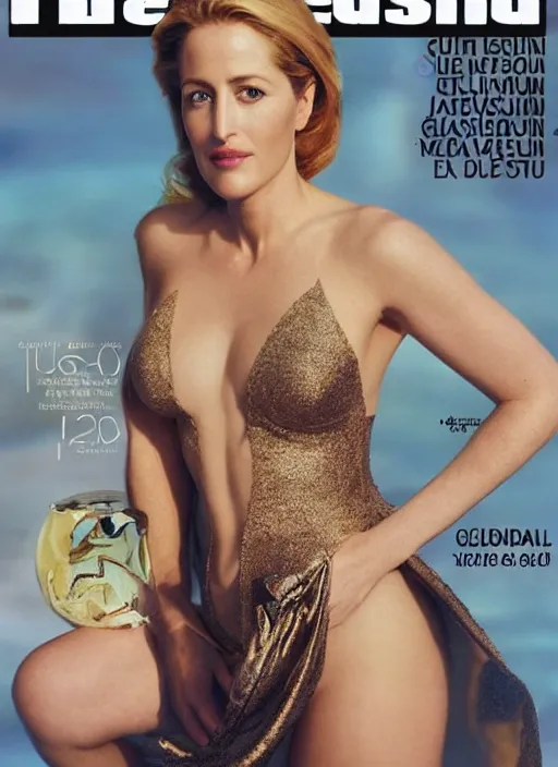Prompt: A photo of a gorgeous Gillian anderson on the cover of Swimsuit Illustrated 2001 in the aesthetic of mert and marcus, masterpiece, intricate, elegant wardrobe, highly detailed, digital painting, artstation, concept art, smooth, sharp focus, illustration, art by artgerm and james jean and greg rutkowski and alphonse mucha