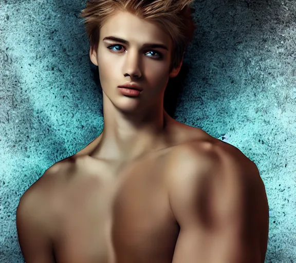 Image similar to extremely beautiful young man with hyperealistic eyes, digital art, vivid background, seductive.