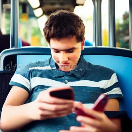 Image similar to a bored tired young university student is riding a very crowded public bus, he's holding a bottle of fizzy dark beer and is looking at his smartphone. student is wearing a black shirt, has slick dark brown hair and a round face with mild acne. professional stock photo, bokeh, 4 k