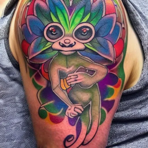 Image similar to shoulder tattoo of a multicolored hallucinating meditating cute bush baby, eyes are rainbow spirals, furry, happy mood, surrounded with colorful magic mushrooms and rainbow marihuana leaves, insanely integrate