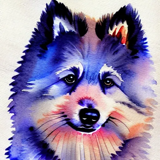 Image similar to a keeshond puppy watercolor painting by monge