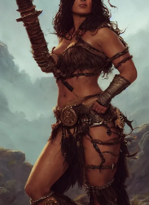 Image similar to salma hayek as a barbarian warrior, hyper detailed, digital art, trending in artstation, cinematic lighting, studio quality, smooth render, unreal engine 5 rendered, octane rendered, art style by klimt and nixeu and ian sprigger and wlop and krenz cushart.