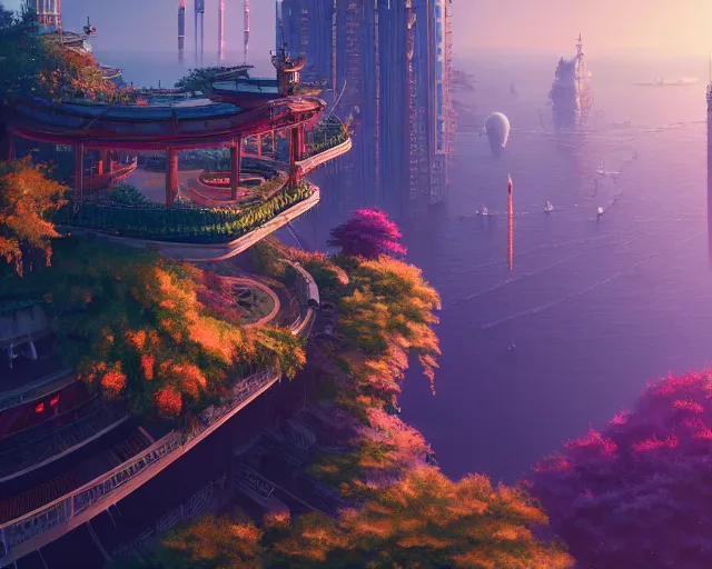 Image similar to Overlooking the Empress’ hanging, swirling gardens, golden hour, Jakub Kasper, Makoto Shinkai, Simon Stålenhag, matte painting, featured in artstation, octane render, hyperrealistic, cinematic, elegant, intricate, 8k